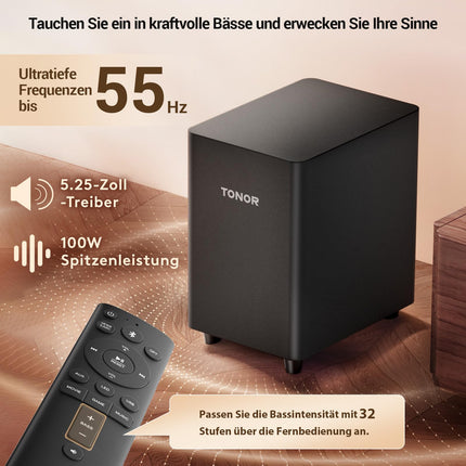 TONOR 2.1 teleri heliriba Dolby Atmosega, 5.3 Bluetooth-heliriba subwooferiga telerile, 3 ekvalaiseri režiimi/BASSMX/ruumilise heli kõlarid telerile/arvutile, kodukino helisüsteem, HDMI ARC/optiline/AUX/USB