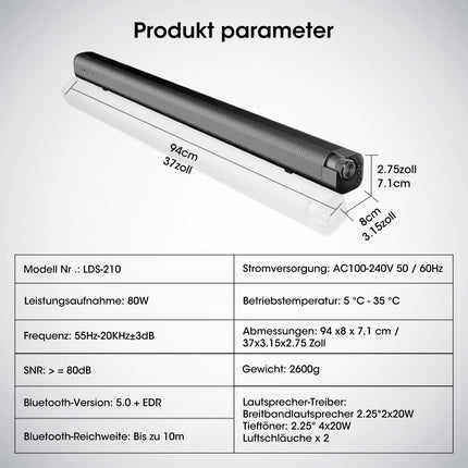 LEADSIGN heliriba teleritele, 100W teleri heliriba, 3D ruumilise heliriba integreeritud subwooferiga kodukinole/arvutile/mobiiltelefonile, 94 cm pikkune teleri kõlar - Bluetooth, HDMI, AUX, optiline koaksiaalkaabel, USB-ühendus