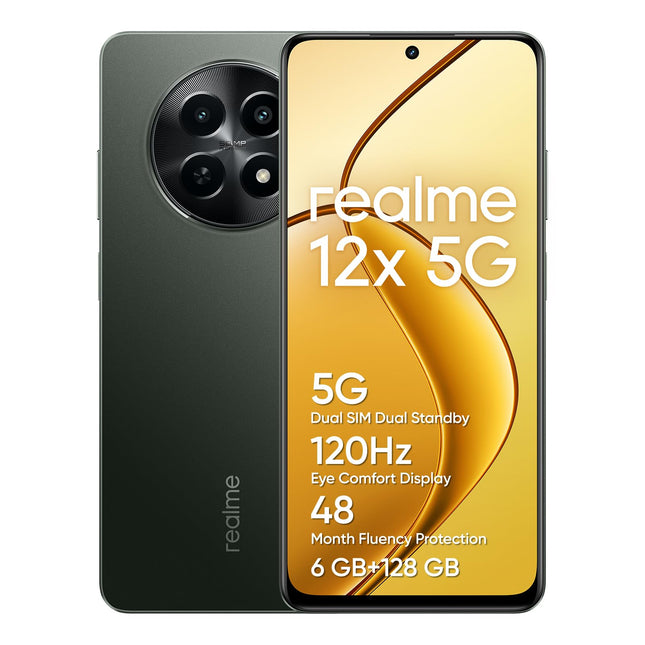 realme 12x 5G nutitelefon 6+128 GB, 50MP tehisintellektiga kaamera, 5G kahe SIM-kaardiga kahekordne ooterežiim, TÜV SÜD 48-kuuline sujuvuskaitse, 120Hz silmadele mugav ekraan, 360° NFC, 5000mAh aku, helendav must (ilma adapterita)
