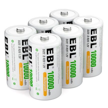 EBL D battery 10000 mAh, Type D rechargeable NI-MH battery 6 pieces, Mono D battery