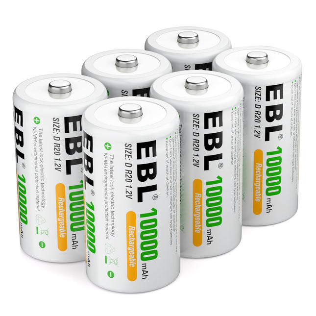 EBL D battery 10000 mAh, Type D rechargeable NI-MH battery 6 pieces, Mono D battery