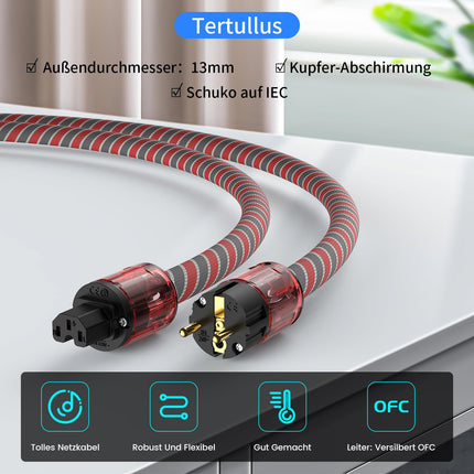 Tertullus HiFi tipptasemel toitekaabel C15 toitekaabel HiFi audio IEC kaabel Schuko pistiku ja IEC pistikuga (P046, 2m)