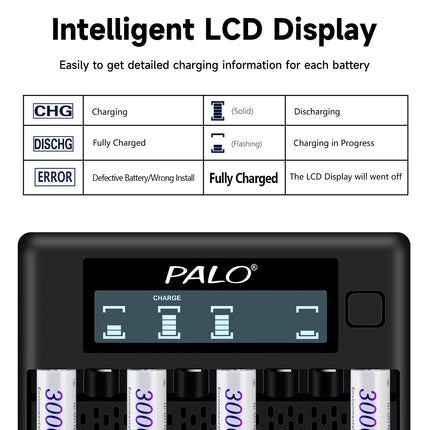 Battery Charger with AA AAA Battery - 8 AA 3000mAh and 8 AAA 1100mAh Rechargeable Batteries 1.2V NiMH with 8 Slot Intelligent LCD Battery Charger With Discharging