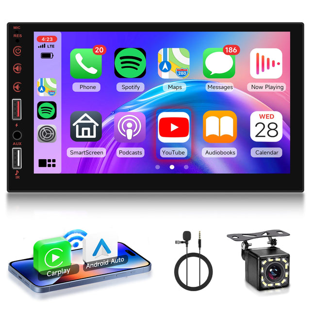 Rimoody Wireless Carplay Car Radio 2 Din with Wireless Android Auto You-Tube Bluetooth Mirror Link 7 Inch Touchscreen Car Radio with Bluetooth FM Radio USB/TF/AUX/MIC Steering Wheel Control + Rear View Camera