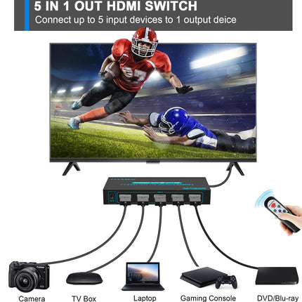 SGEYR HDMI jaotur puldiga, HDMI jaotur, HDMI lüliti, HDMI jaotur, HDMI jaotur kahe monitori jaoks, HDMI jaotur 5 sisse ja 1 välja, 4k HDMI lüliti, teleri, mängukonsooli, Windows 7/8/9/10, Xboxi jaoks