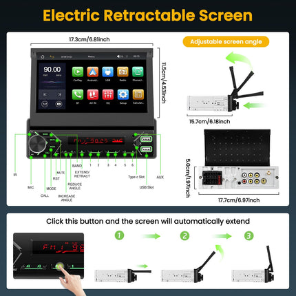 Hikity 1 Din DAB Car Radio with 7 Inch Flip Out Motorized Touchscreen Wireless Carplay Andriod Car Radio with Bluetooth Rear View Camera Mirror Link USB AUX MIC