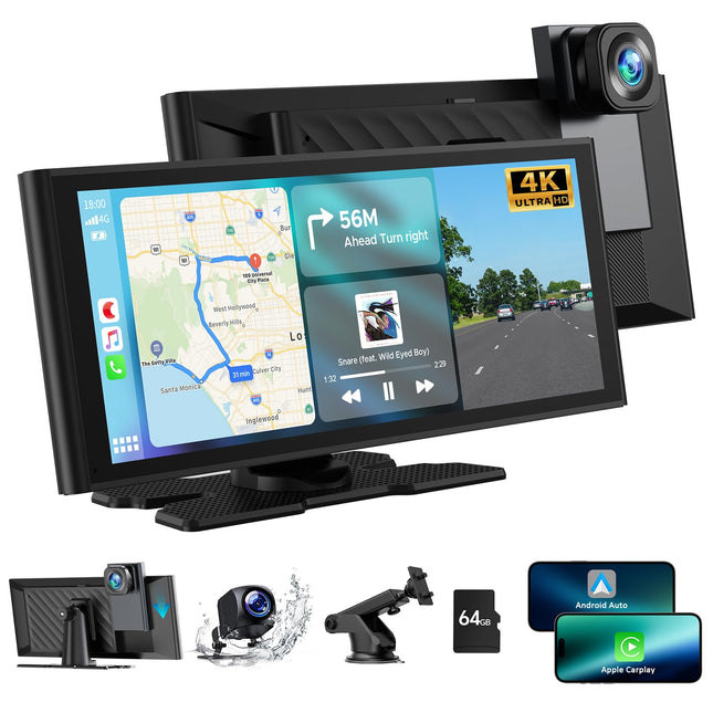 Volam 9.26 inch Portable Car Radio Carplay Display with 4K Dashcam Car Front Rear, 1080P Rear View Camera, Wireless Apple CarPlay Android Auto, Mirror Link, GPS, Google, Siri, FM, AUX, 64G SD Card