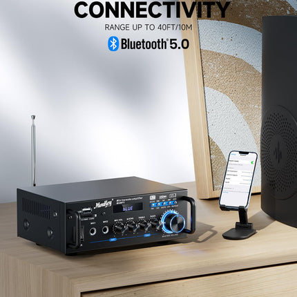 Moukey 2.0 kanaliga stereo Bluetooth karaoke võimendi, 100W stereo helivõimendi vastuvõtja, HiFi võimendi RCA, USB, SD, 2 mikrofoni sisendiga, FM-raadio autosse või koju, MAMP3