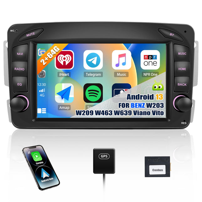 2 GB + 64 GB RAM-iga CAMECHO Android 13 autoraadio navigatsiooniga Mercedes Benz C, CLK, G-klassi W203, W209, W463, Viano, Vito, W639 autodele, kahe DIN-raadio 7-tollise ekraaniga, peegliühendusega RDS/FM Bluetooth+DSP