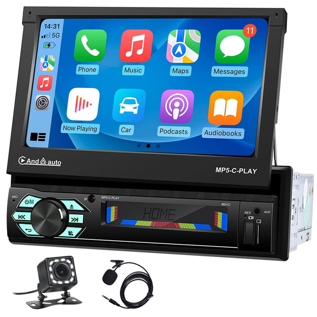 Car Radio 1 Din Apple Carplay with Screen Motorized Extendable with Android Auto Bluetooth, 7-inch Media Receiver Car Radio Stereo with FM Radio/Mirror Link + Rear View Camera and Microphone