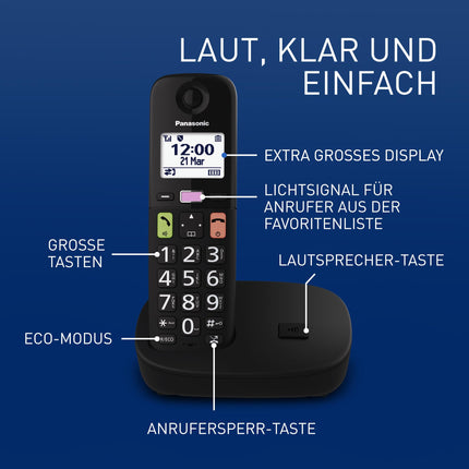 Panasonic KX-TGU110EXB digitaalne juhtmeta telefon, baasjaam ja 1 telefonitoru, LCD-ekraan, suured nupud, lemmikute nupp, kuuldeaparaatidega ühilduv, must