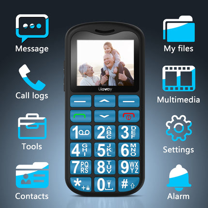 Uleway seenioridele mõeldud mobiiltelefon suurte nuppudega ja lepinguta, kahe SIM-kaardiga pensionäridele mõeldud GSM-seeniormobiiltelefon SOS-hädaabikõne nupuga, suurte nuppudega mobiiltelefon laadimisjaamaga - sinine