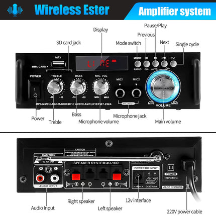 Etlephe Mini Amplifier, HIFI Amplifier, Bluetooth 5.0 Stereo Audio, 12 V 220 V 600 W, 2 Channels, LCD Display, High Fidelity, Portable FM Radio, SD/USB Card Input, for Home or Car