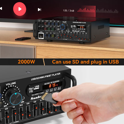 Areyourshop Hifi Amplifier Stereo PA Power Amplifier with Bluetooth 5.0 2000W Audio Receiver Karaoke FM USB SD AUX, Preamplifier Hifi 5-Band EQ Mixer, 4 Mics, Amplifier with Speakers, Tuner Hifi Stereo