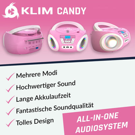 KLIM Candy laste CD-mängija - UUS 2024 - FM-raadio - Patareid kaasas - Roosa - Kaasaskantav Boombox - CD-mängija lastele - Kõlaritega, Väikelastele (Roosa)