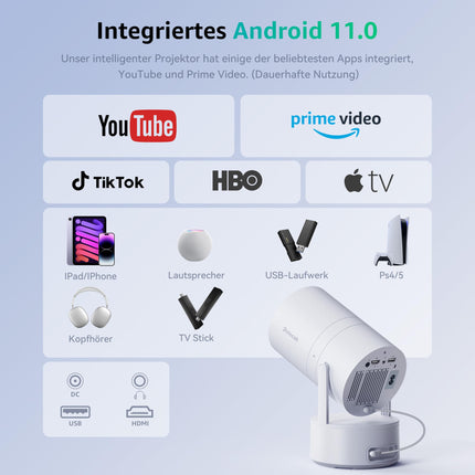 Polocsh Projector, Mini Projector with Battery, WiFi and Bluetooth 1080P Outdoor Projector 4K Support, Electric Focus &amp; Auto Keystone Correction and 270° Rotation, Android 11.0 Home Theater Smart Projector with HDMI (White)