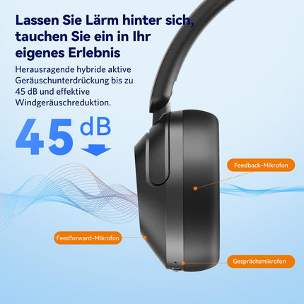 EarFun Wave Pro kõrvaklapid, juhtmevabad Bluetooth-kõrvaklapid, hübriidne aktiivne mürasummutus, kõrglahutusega heli, LDAC, 80-tunnine aku, mugav sobivus, 5 mikrofoni, kristallselged kõned, Bluetooth Multipoint, ekvalaiser rakenduses