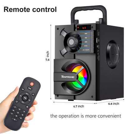 TOMPROAD Bluetooth Speaker, Portable Bluetooth Box with Subwoofer, Wireless Stereo Sound, Rich Bass, Party Speaker, Supports FM Radio, Remote Control, LED Lights (Black)