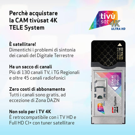 TELE Systemi Tivùsat 4K Ultra HD sertifitseeritud kaamera kanalite vaatamiseks kõrglahutusega ja 4K resolutsiooniga. Televiisori ja dekoodri pesaga kaamera, aktiivne kiipkaart kaasas. Serie A koos DAZN-iga tivùsatil.