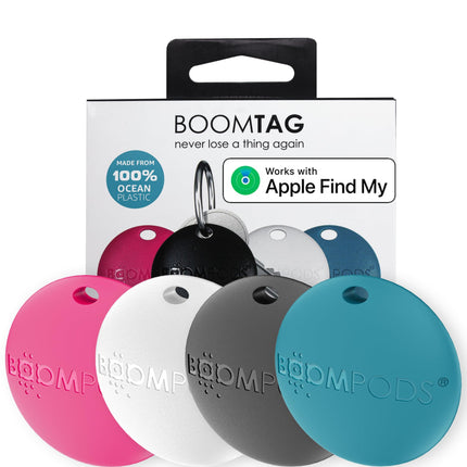 Boompods Boomtag võtmeotsija 4-pakk - nutikas siltide rahakotiotsija, mini GPS-jälgija Bluetooth-iga, ühildub Apple Find My rakendusega, võtmete ja esemete leidja võtmetele, kohvritele, lastele ja koertele
