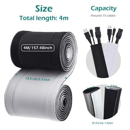 GeeRic 4M Cable Sleeve Neoprene Cable Duct with Adjustable Diameter for Cable Management, Neoprene Flexible and Reusable with Velcro Fastener Black/White