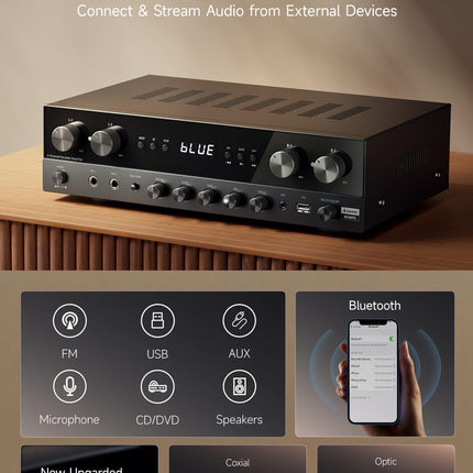 Donner Stereo Amplifier, Premium 4-Channel Amplifier with 1000W Maximum Power and Bluetooth 5.0, USB, FM, 2 Microphone Inputs, RCA, Fiber/Coaxial Input for Home, Karaoke and Cinema Speakers