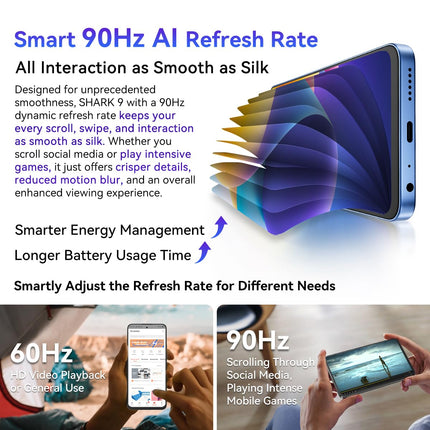 Blackview Shark 9 5G nutitelefon ilma lepinguta, 24 GB + 256 GB, 6,67-tolline HD+ 90Hz ekraan, 50MP kaamera, 5000mAh aku, kahekordne 5G kahe SIM-kaardi pesa, Android 14 telefon, Smart-K Box kõlar, GPS NFC must