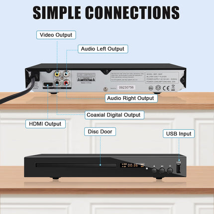 Blu-ray-mängija telerile, kompaktne Blu-ray-plaadimängija 1080P DVD-mängija HDMI-väljundiga, AV-väljund, koaksiaalväljund, USB-sisend, toetab kõiki DVD-sid ja 2. piirkonna Blu-ray-plaate, sisseehitatud PAL NTSC