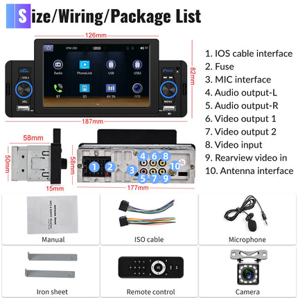 Carplay Car Radio 1 Din with Android Auto Bluetooth Handsfree 5 Inch with Android/IOS Mirror Link Bluetooth FM Radio USB/AUX/TF Multimedia Player with Rear View Camera Microphone