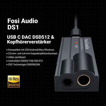 Fosi Audio DS1 kaasaskantav DAC kõrvaklapivõimendi, ES9038Q2M kiibiga kõrvaklapivõimendi, mis toetab PCM 32-bit/768kHz ja DSD512, 3,5 mm ja 4,4 mm väljundid Hi-Fi heli jaoks, USB DAC võimendi kõrvaklappidele