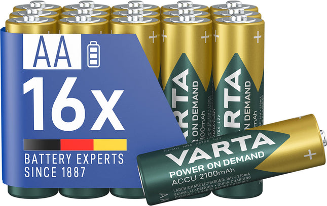 VARTA AA patareid, laetavad, 16 tk, laetav aku, nõudmisel käivituv, 2100 mAh Ni-MH, eellaetud, kasutusvalmis [Ainult Amazonis]