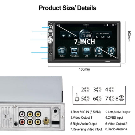SIXWIN ühe DIN-iga Apple CarPlay Android Auto autoraadio 7-tolline ekraan puutetundliku ekraaniga Bluetooth FM-raadio, peegli lingi/USB/AUX/TF-kaardi sisendiga tahavaatekaamera, mikrofoni ja puldiga