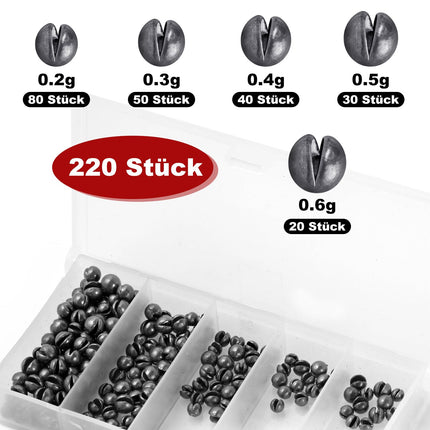 Realure 220 tk/5 suurust kalapüügipliid, pliihaavelpüügiplii komplekt 0.6g 0.5g 0.4g 0.3g 0.2g kalapüügipliihaavelpüügiks eemaldatav, pliiraskusega haavelpüügiplii õngenööri sööda stabiliseerimiseks