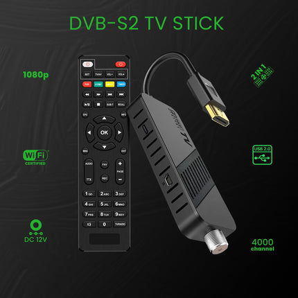 LEYF DVB-S2 satellite receiver, Full HD 1080P HDMI TV stick, satellite receiver, hidden behind TV, digital display, H265 HEVC Main 10 Bit, 2-in-1 universal remote control, USB