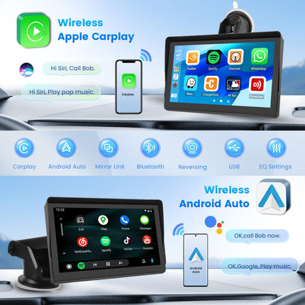 Inefala 7-tolline Carplay juhtmevaba auto, CarPlay ja Android Auto kaasaskantav puuteekraan, Mirror Link, EQ seaded, kaugjuhtimispult, FM/TF/USB