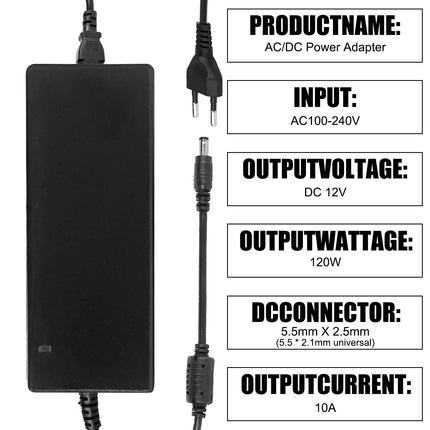 12 V 10 A toiteadapter: LED-trafo 120 W toiteadapter vahelduvvoolust 110–240 V alalisvooluks 12 V 10 A pingemuundur trafo LED-ribade, ruuterite, kõlarite, LCD-telerite ja monitoride jaoks