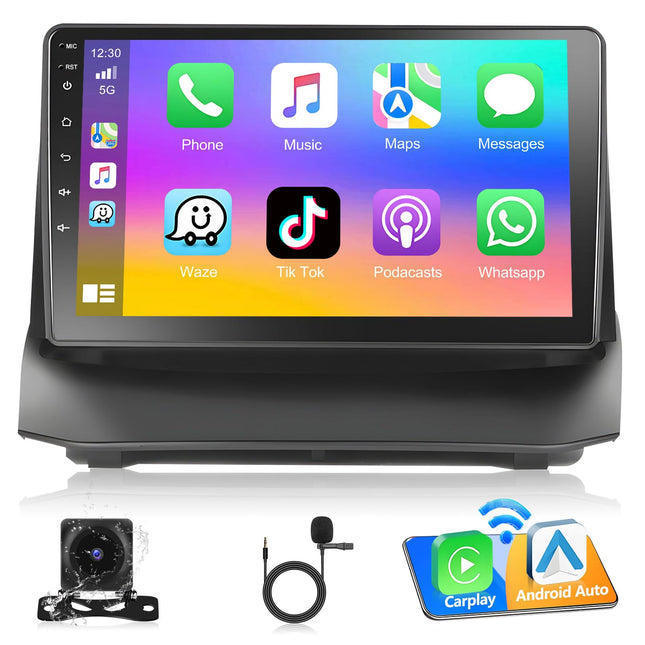 Podofo 2+64G autoraadio Ford Fiestale 2009-2014 koos juhtmevaba Carplayga, 9-tolline Android 13 autoraadio ekraani, Bluetoothi, HiFi, Android Auto, WiFi, GPS, RDS + tahavaatekaamera ja mikrofoniga