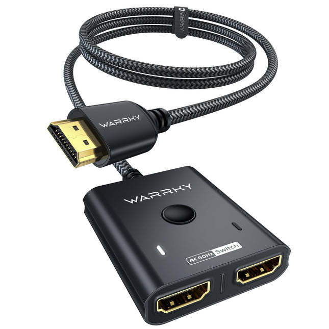 HDMI-lüliti 4K@60Hz, WARRKY HDMI-jaotur 2 sisendit 1 väljund (1 ekraan korraga)【3,3 jala punutud kaabel, alumiiniumkorpus, HDCP 2.2】 2-1-lüliti toetab UHD-d PS5/4 jaoks - must