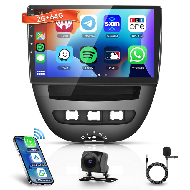 2G+64G autoraadio Android 13 Toyota Aygo/Peugeot 107/Citroen C1 2004-2014, 10,1-tolline HD puutetundliku ekraaniga autoraadio juhtmevaba Carplayga, Android Auto, GPS, Wi-Fi, USB, Bluetooth, FM, RDS, tahavaatekaamera