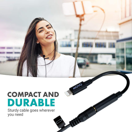 Movo IMA-1 3.5mm TRRS Microphone Adapter Cable to Lightning Connector Dongle, Compatible with Apple iPhone, iPad, Smartphones, and Tablets, Optimized for Microphones/Pro Audio, Black