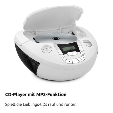 TechniSat Viola CD-1 - kaasaskantav stereo CD-mängija, boombox praktilise kandekäepidemega (lasteraadio, FM-raadio tuuner, Bluetooth-vastuvõtt, 2 x 1 W RMS-võimsus, vooluvõrgust ja akudest töötav) valge