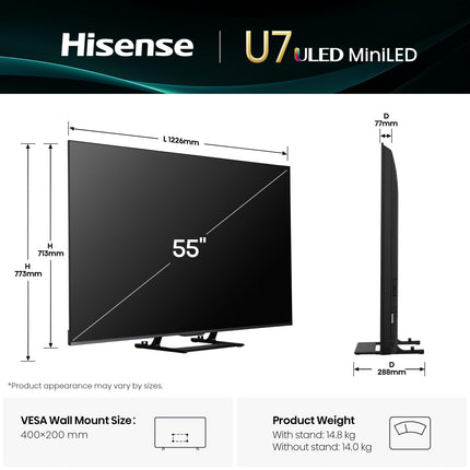 Hisense 55U7Q 55-tolline 4K ULED Mini LED nutiteler Hi-View tehisintellektiga, 144Hz mängurežiim Pro, FreeSync Premium, sisseehitatud subwoofer, Dolby Vision IQ Atmos, Airplay ja hääljuhtimine [2025]