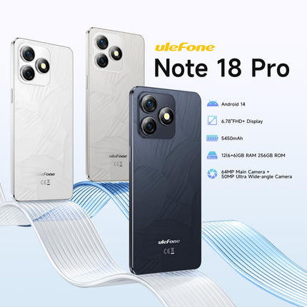 Ulefone Note 18 Pro Smartphone Android 14, 12GB+256GB 64MP+50MP Octa Core 5450mAh 18W 6.78" FHD+ 90Hz Refresh Rate 4G Dual SIM Mobile Phone Fingerprint ID NFC 2 Year Warranty - Black