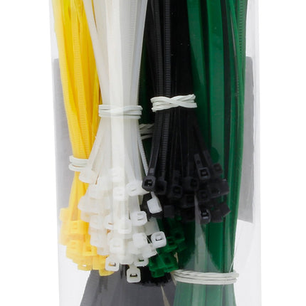Kopp cable tie set in a box, 300 pieces, 150 pcs. 200 x 4.8 mm and 150 pcs. 100 x 2.5 mm, white, black and green, 324601099