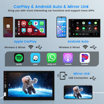 Hikity autoraadio 1 DIN juhtmevaba Carplay Android Auto ekraaniga 7-tolline puutetundlik ekraan autoraadio Bluetoothi ​​ja vabakäesüsteemiga, peegli lingiga, FM-raadio USB/AUX/SWC/mikrofoniga tahavaatekaamera
