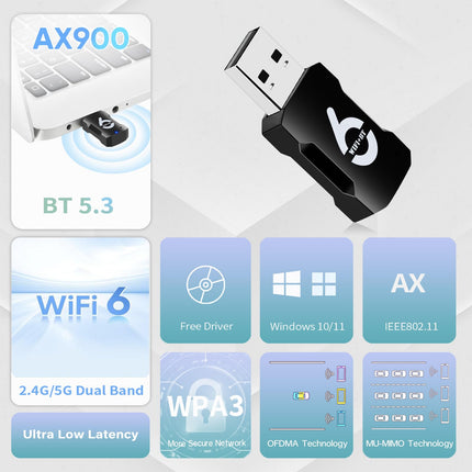 USB WLAN Stick for PC Bluetooth 5.3 Adapter AC 900Mbit/s WLAN Adapter WiFi 6 DualBand 5GHz/2.4GHz Bluetooth Dongle Bluetooth Stick Internet Stick Bluetooth Transmitter MU-MIMO Compatible with Win10/11