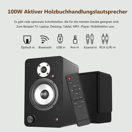 Aktiivne Bluetooth-riiulikõlaripaar - HiFi-kõlar 100W RMS - USB/AUX/optiline sisend/koaksiaalsisend/RCA-sisend - 4" kesksagedus-bass ja 1" kõrgsageduskõlar - kompaktne riiulikõlar - must
