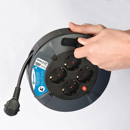 Electraline 49076, Kaablirull 4-suunaline 4M kaabel IP20 Siseruumidesse/Kaablirull 4 Schuko pistikupesaga/Kaablikarp pikenduskaabliga/Kaablirull vändaga, must