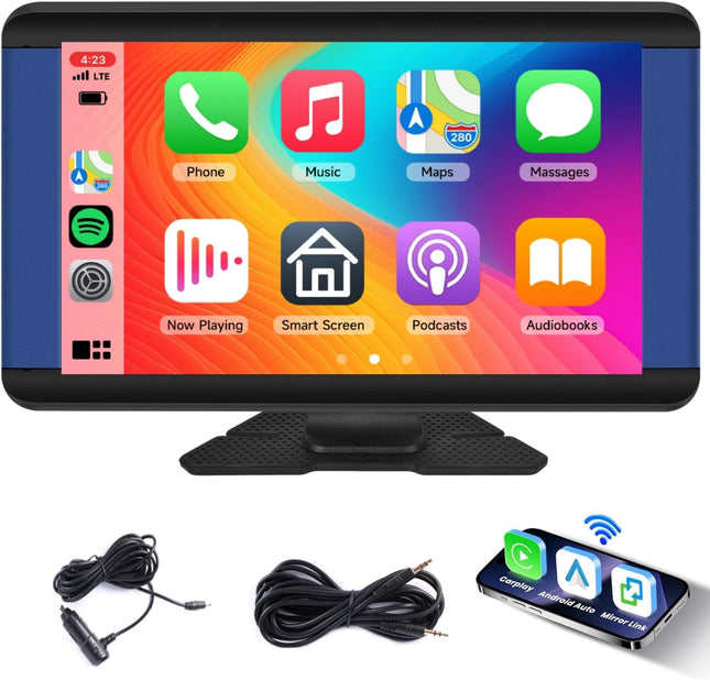 Rimoody Wireless Carplay Android Auto Portable Car Radio, 7 inch IPS Touchscreen Portable Car Radio with Bluetooth/FM Transmitter/Airplay/Android Mirror Link/Voice Command/GPS/AUX/USB/TF for 7-32V Car