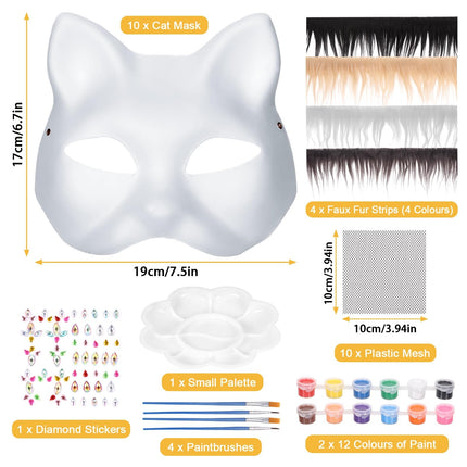 Starvortex 10 Piece Cat Mask, DIY Cat Mask Set with Acrylic Paints and Faux Fur, Therian Mask, Cat Masks to Paint, Cat Mask for Halloween, Masked Ball, Cosplay, Masks to Paint for Children